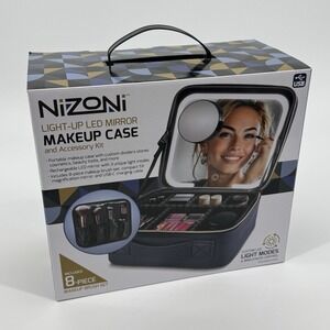 NIZONI LED Makeup Case Vanity Organizer Travel Beauty Storage USB Mirror Brush